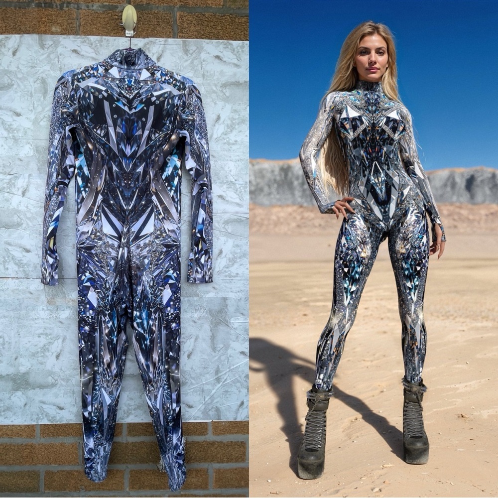 Candy Catz Cyber Diamond Print Jumpsuit  AvantGarde Rave Bodysuit  L
